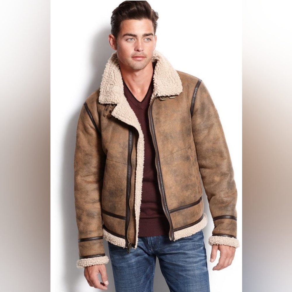 GUESS Men's Vegan Railroad Tan Faux-Shearling Sude Bomber Jacket XL